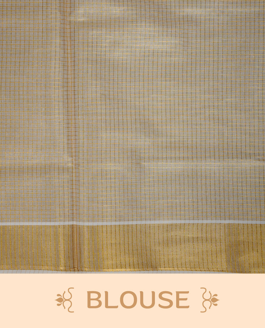 Off-white colour tissue Kerala saree with a subtle gold-toned checkered body, finished with a classic gold kasavu border along the edges and pallu, paired with a matching blouse.