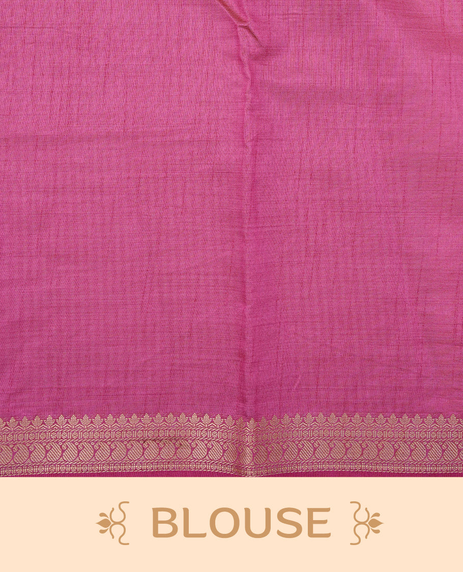 Light gold Colour Tussar saree featuring elegant plain body, complemented by contrast magenta colour with Mango zari work border, comes with matching blouse piece.