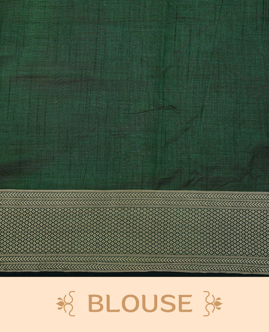 Cream colour Semi Tussar silk saree featuring an elegant plain body, accentuated by a contrast Green border adorned with intricate gold zari work, paired with a matching blouse piece.