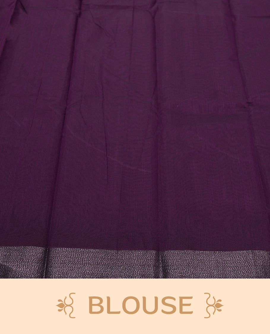 Dark Purple Colour Silk Cotton Saree with Dark Silver Floral Butta Body, Contrasting Dark Silver Zari Pallu & Border, Floral Vine Motifs, and Matching Plain Woven Blouse Piece