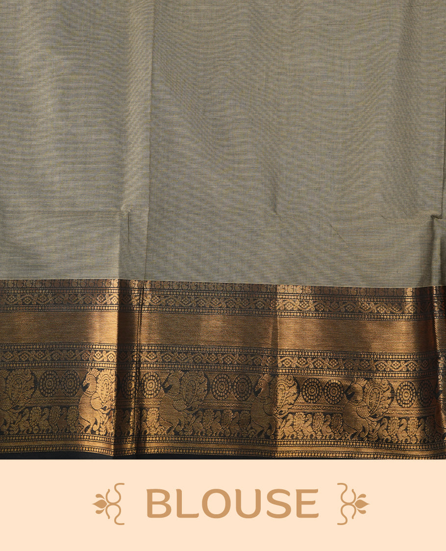 Grey colour chettinad cotton saree featuring gold zari stripes on body, complemented by contrast black colour with gold zari border, paired with matching blouse piece.