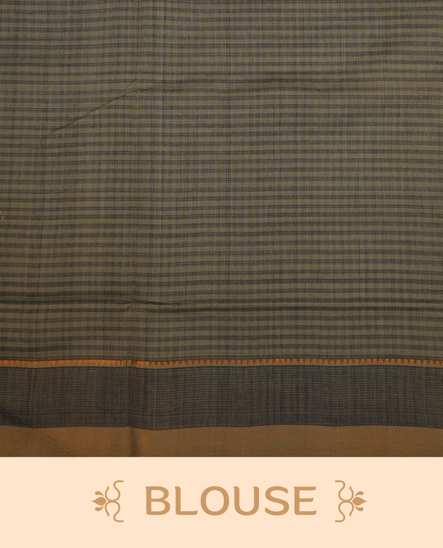 Blue and Grey colour Mangalagiri cotton saree with a classic checked body, contrast striped Gold zari border & Pallu, Paired  with a matching blouse piece
