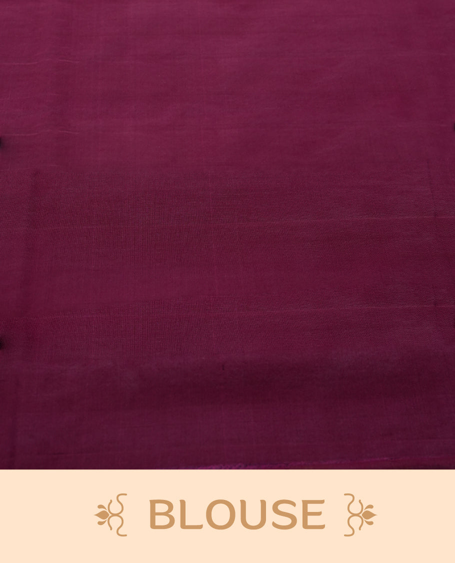 Dark Maroon colour pure Handloom cotton saree featuring fine golden stripes with delicate motifs, paired with a rich zari magenta border for a traditional yet elegant look, perfect for graceful occasions & Comes with matching blouse.