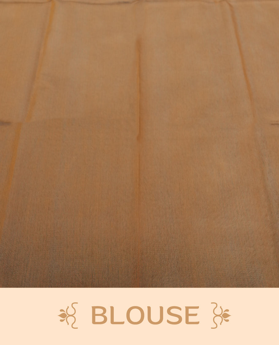 Black Cotton Saree with Silver and Bronze/Copper Diamond Butta Body, Featuring Gold/Mustard Zari-Accented Pallu with Scalloped Border Edge, Paired with Matching Gold/Mustard Plain Blouse Piece