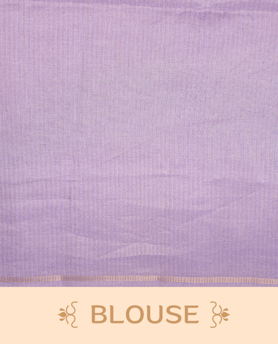 Pastel lavender colour semi tussar silk saree highlights gold and silver zari stripes across body,  border, pallu and paired with matching blouse piece.
