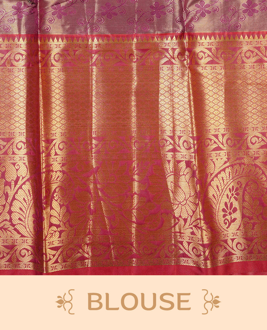 Wine & Gold colour Double shade Semi tissue silk saree featuring Silver zari Floral pattern on body, Contrast Maroon colour with Fancy border, paired with matching.