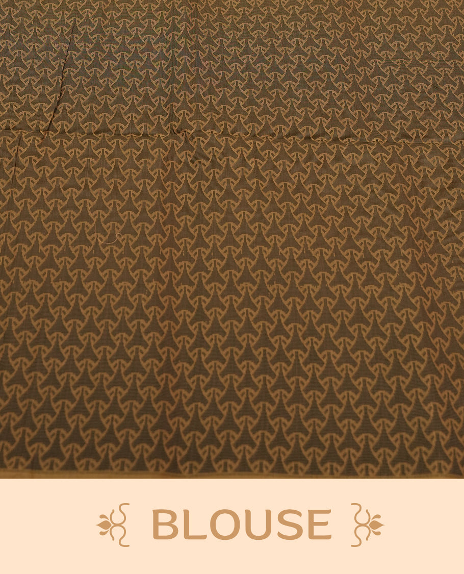 Honey Gold Colour Silk Cotton Saree with dark brown Leaf Butta Body, Contrasting dark brown Zari Pallu & Border, Floral Motifs, and Matching Woven Blouse Piece