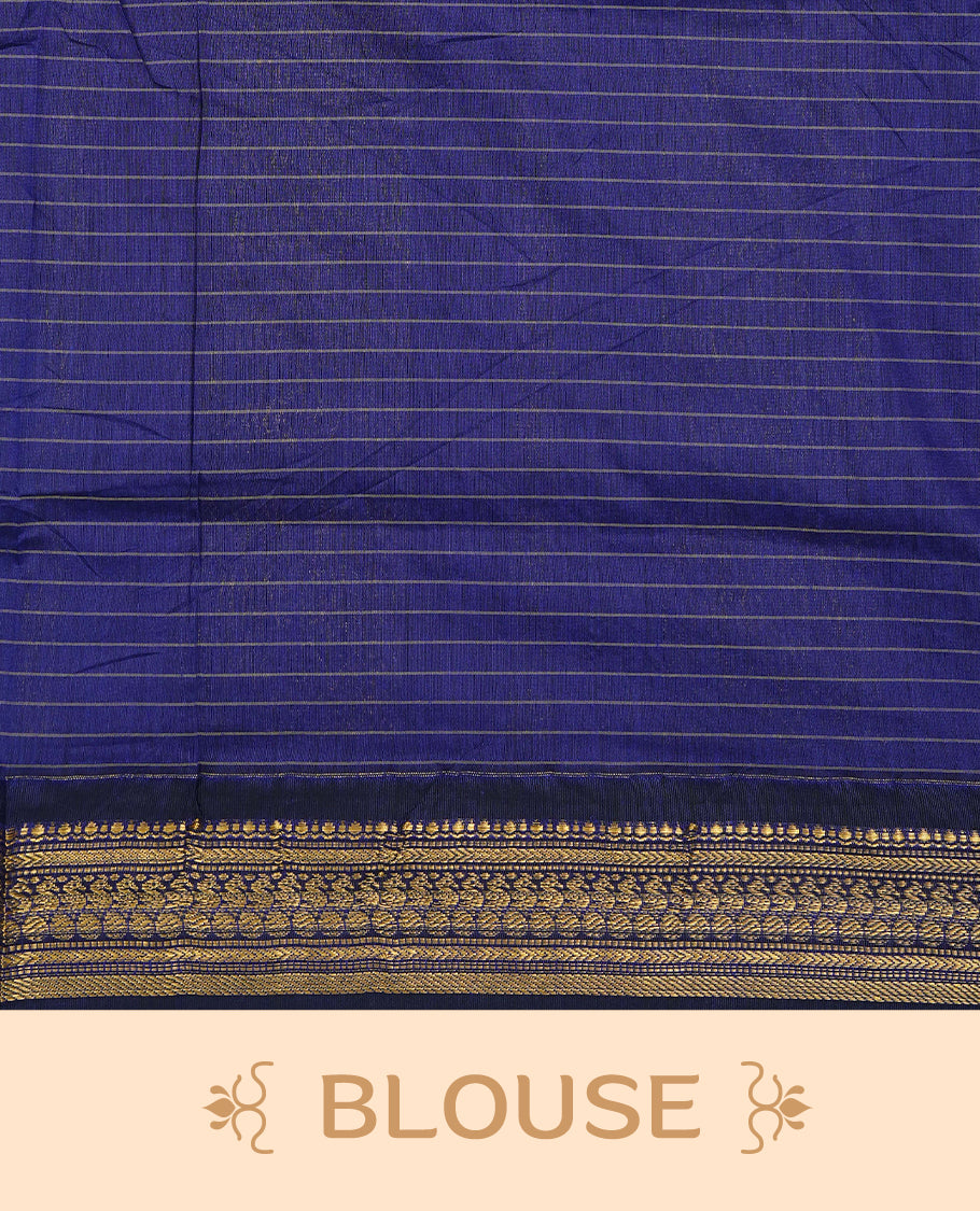 Yellow colour Kalyani cotton saree featuring Gold zari check pattern on body, complemented by Contrast Blue colour with grand gold zari border & pallu, matching blouse piece