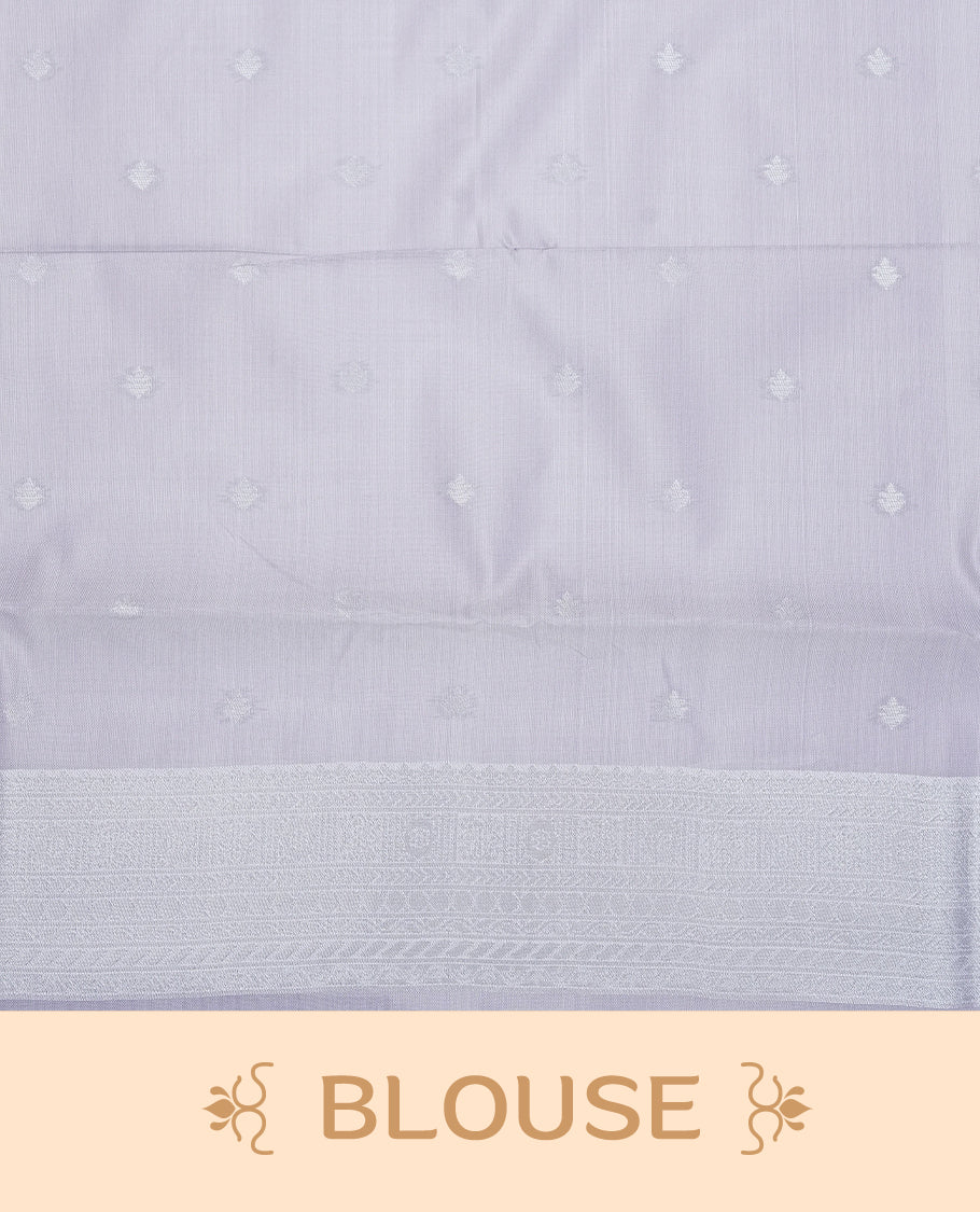 Pink colour semi silk saree featuring Silver zari Floral pattern on body, complemented by contrast lavender colour with silver zari border, comes with matching blouse piece.