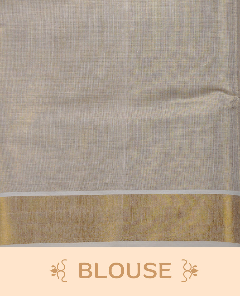 Off-white colour with gold tissue Kerala saree featuring traditional mural-inspired prints, peacock-feather border detailing, and a classic gold kasavu pallu. Includes matching blouse piece.