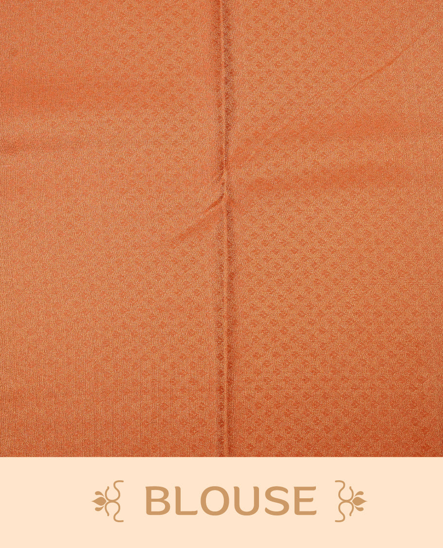 Orange colour Mulberry silk saree featuring gold zari motifs on body, complemented by contrast self colour with gold zari border, comes with matching blouse piece.