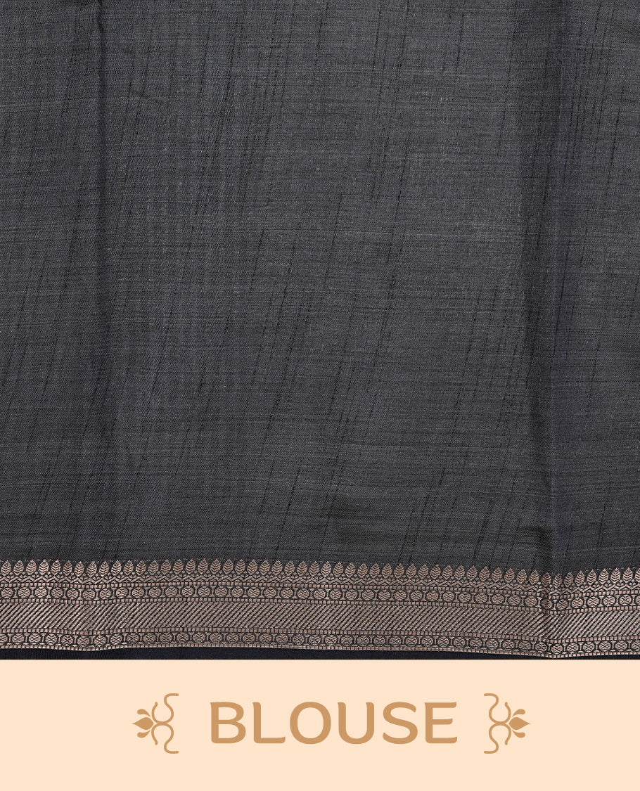 Cream colour Tussar silk saree Featuring Elegant Plain body, complemented by Contrast Black colour with gold zari border, paired with matching blouse piece.