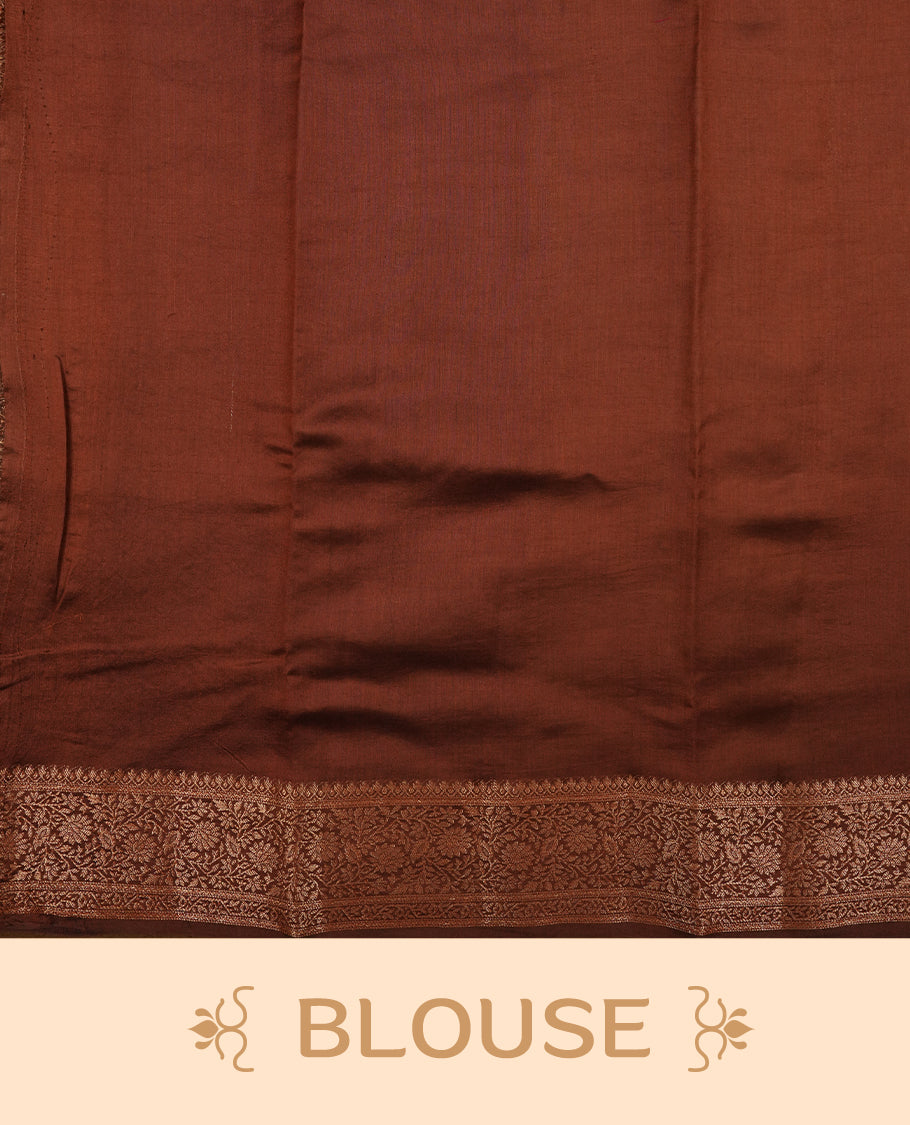 Cream beige Banaras soft silk saree with gold zari motifs on body, with contrast Chocolate brown colour floral pattern on pallu, border, and Matching blouse.