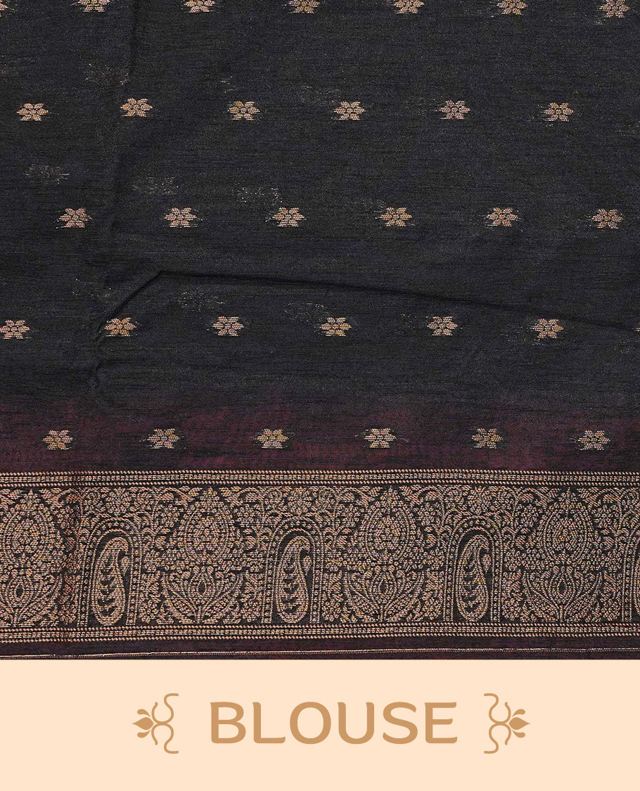 Red colour semi linen saree with elegant gold zari leaf motifs across the body, complemented by a contrast  Black colour with grand gold zari pallu and a borderless design, paired with a matching blouse piece.