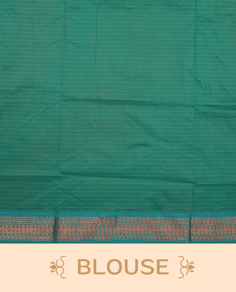 Mustard yellow coloured mixed Kalyani cotton saree featuring copper zari checks on the body, complemented by a dusty green coloured border and pallu adorned with copper zari patterns, Paired with a matching blouse.