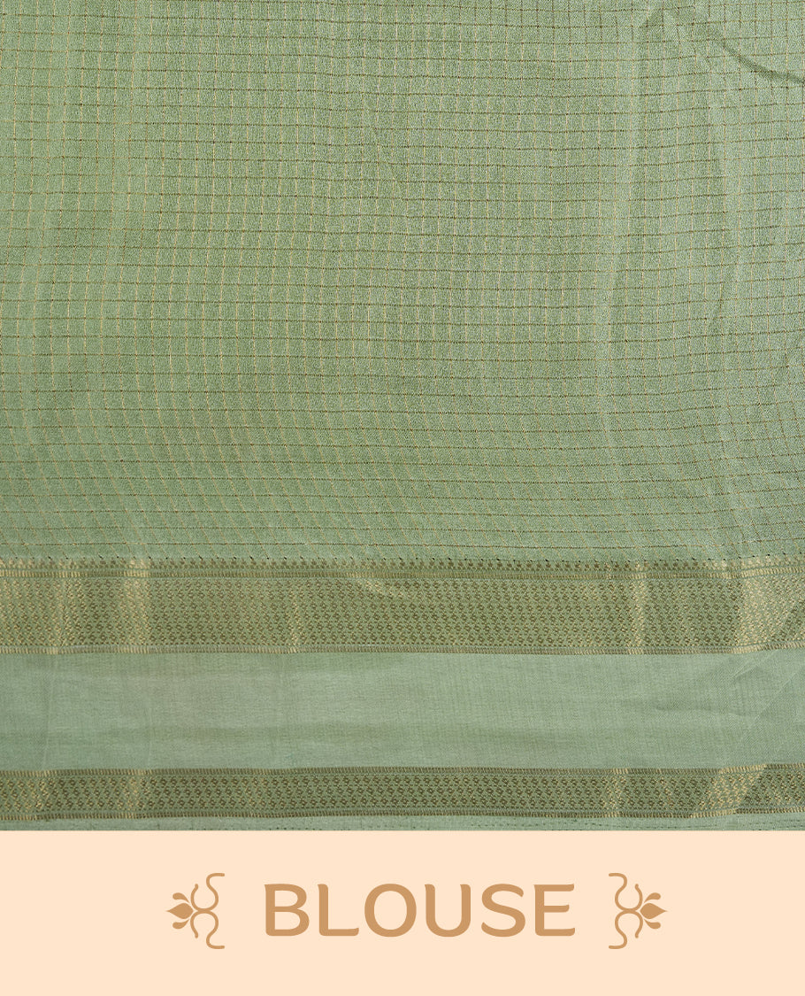 Dark green colour saree featuring fine check patterns on the body, paired with contrast Light green colour zari woven border and pallu. Comes with a matching blouse piece