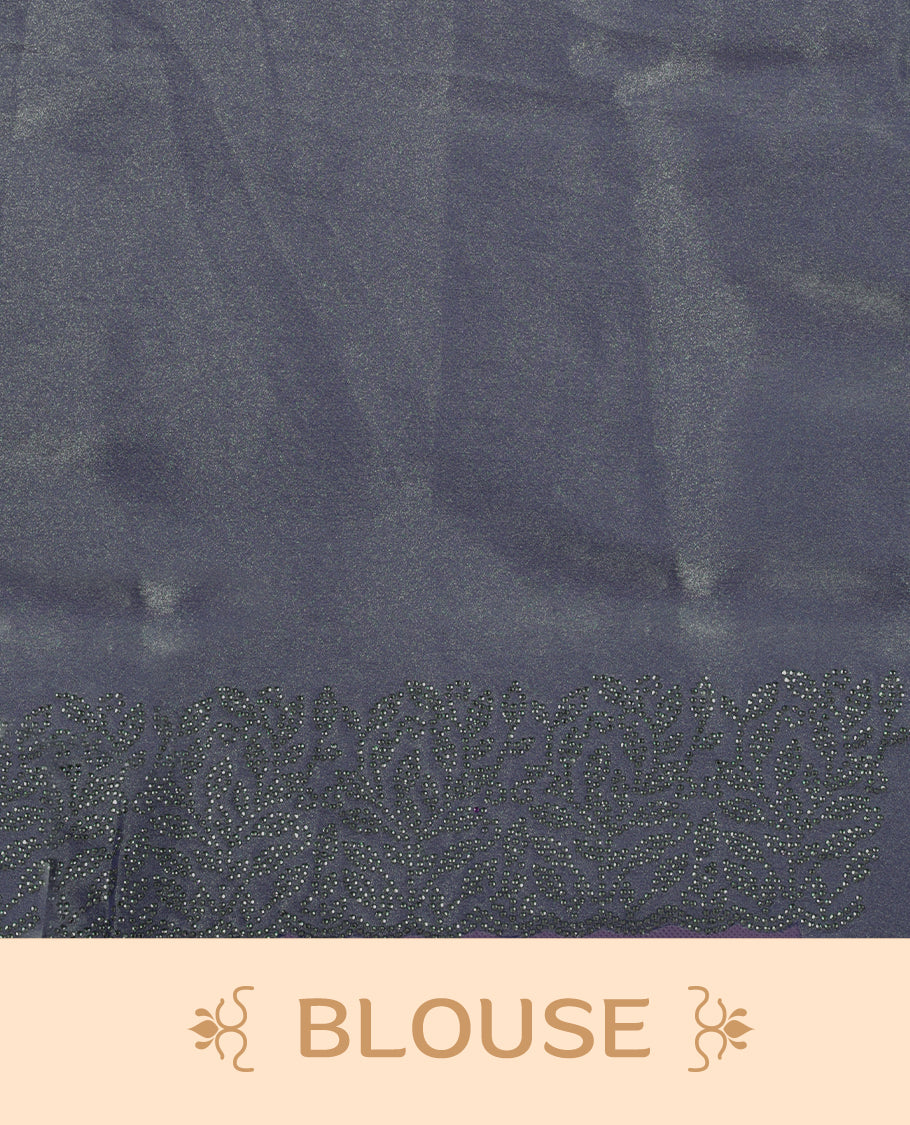 Ash blue colour velvet chiffon designer saree, featuring self colour thread embroidery kodi work on body, stone work and all over motifs on border and  pallu, Paired with matching blouse.