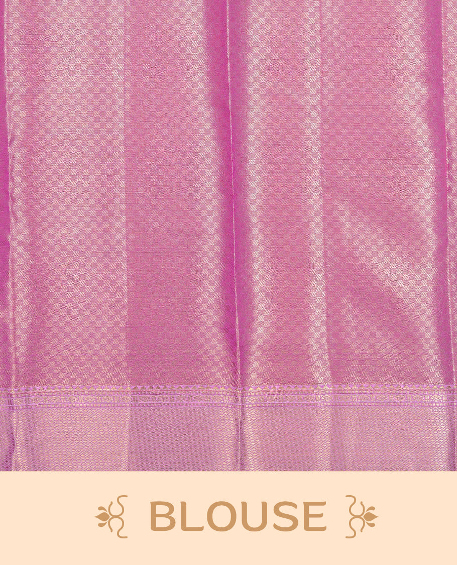Pink & Gold Double shade Semi Tissue Silk saree featuring Light gold Box pattern on body, complemented by Contrast Pink with gold zari border, paired with matching blouse piece.