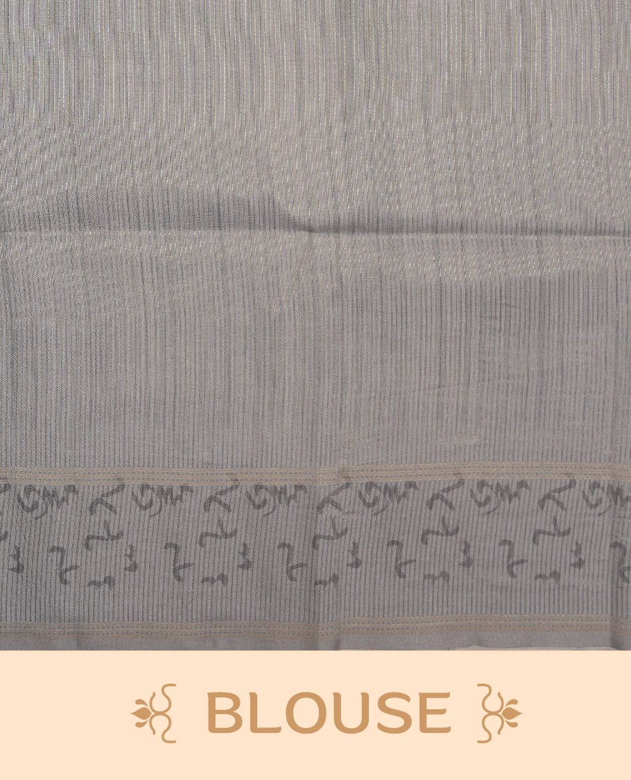 Gray colour semi tusser silk saree featuring geometric print pattern across body, gold zari border with style motifs and paired with matching blouse.