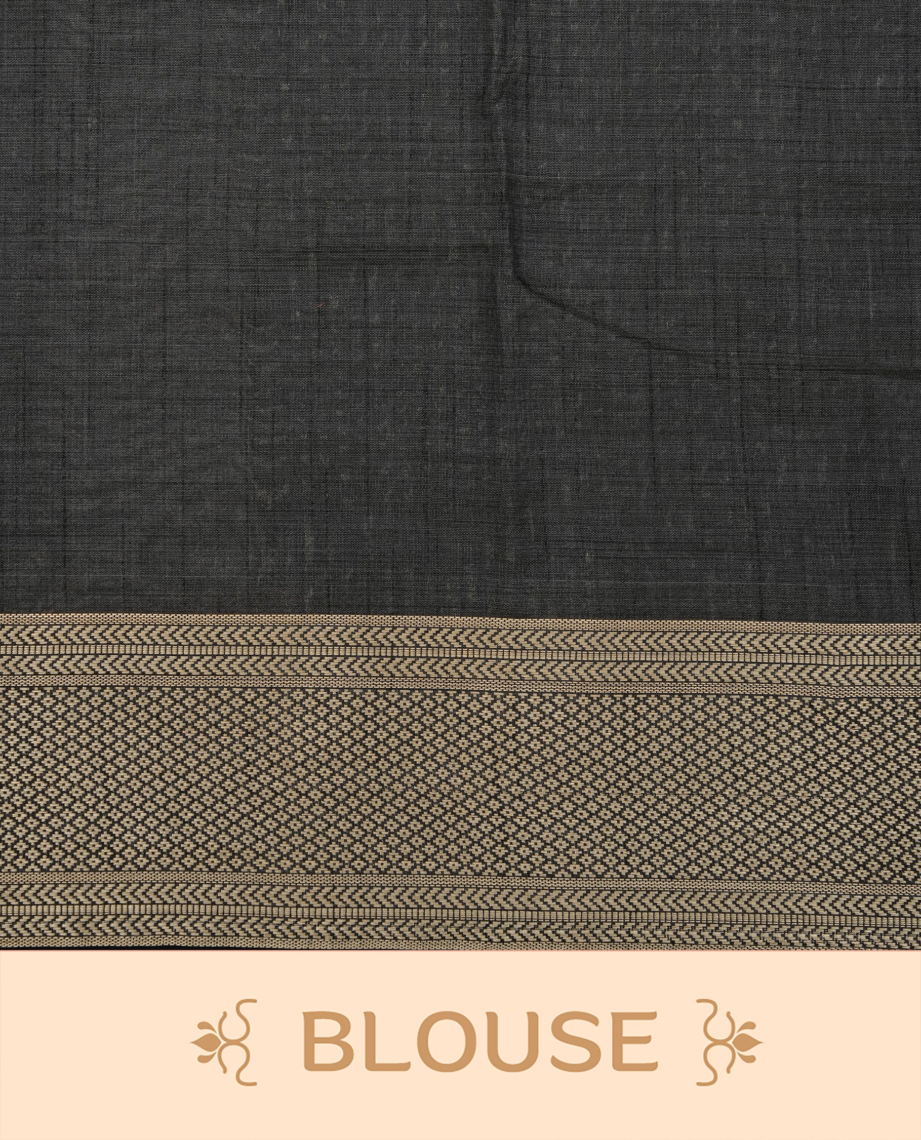 Cream colour Semi Tussar silk saree featuring an elegant plain body, accentuated by a contrast Black border adorned with intricate gold zari work, paired with a matching blouse piece.