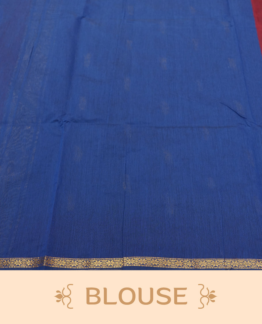 Red Silk Cotton Saree with Gold Floral Buttas Body, Accented by Gold Zari Border on Navy Blue and Red Striped Pallu, Paired with Matching Blouse Piece