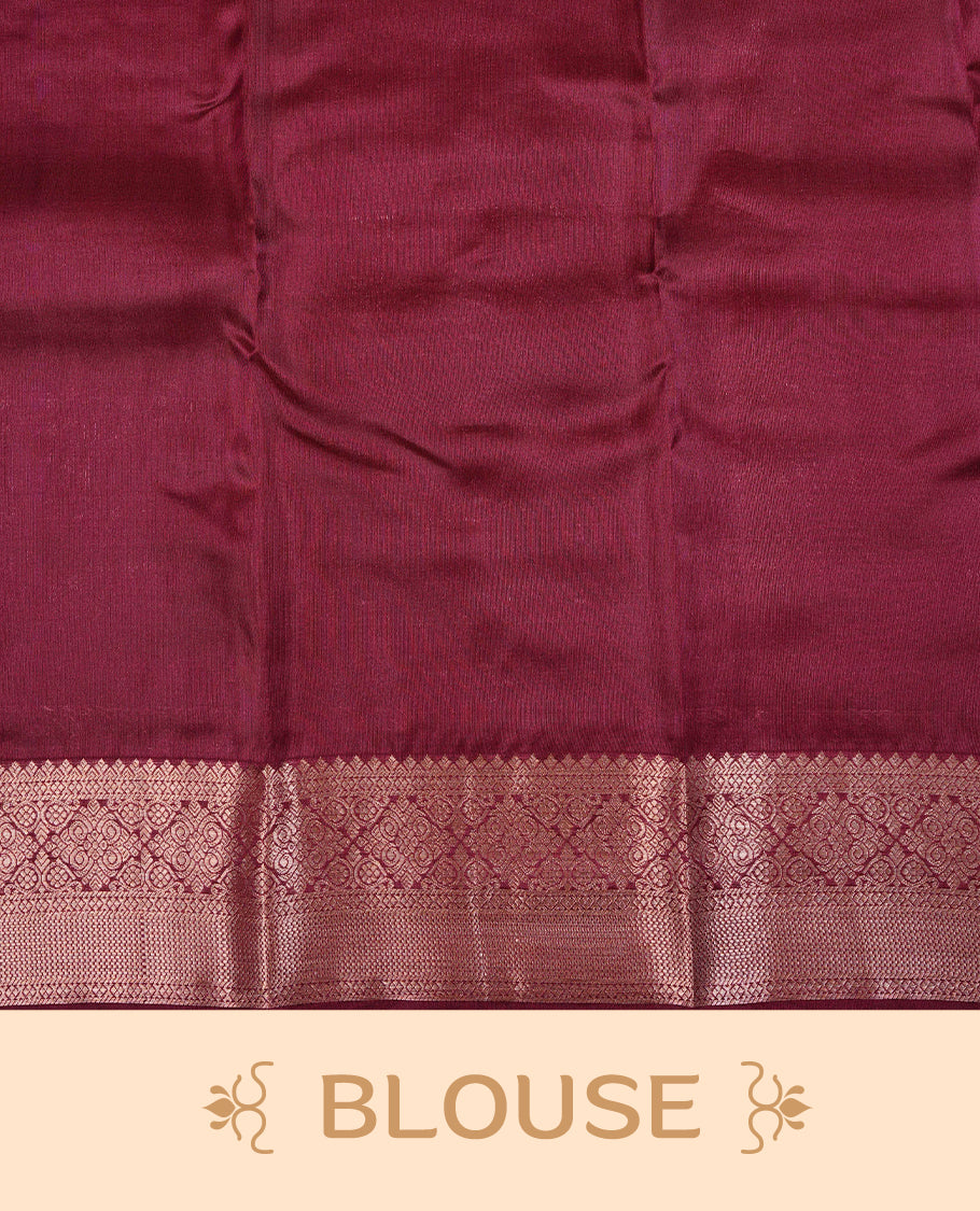 Rust Orange & Maroon Dual Colour Traditional Kancheepuram Slik Saree Featuring Check With Gold Zari Mango Motifs on the Body, Complemented by a Contrast Maroon Colour Gold Zari Traditional Border and Pallu, Paired with a Matching Blouse .