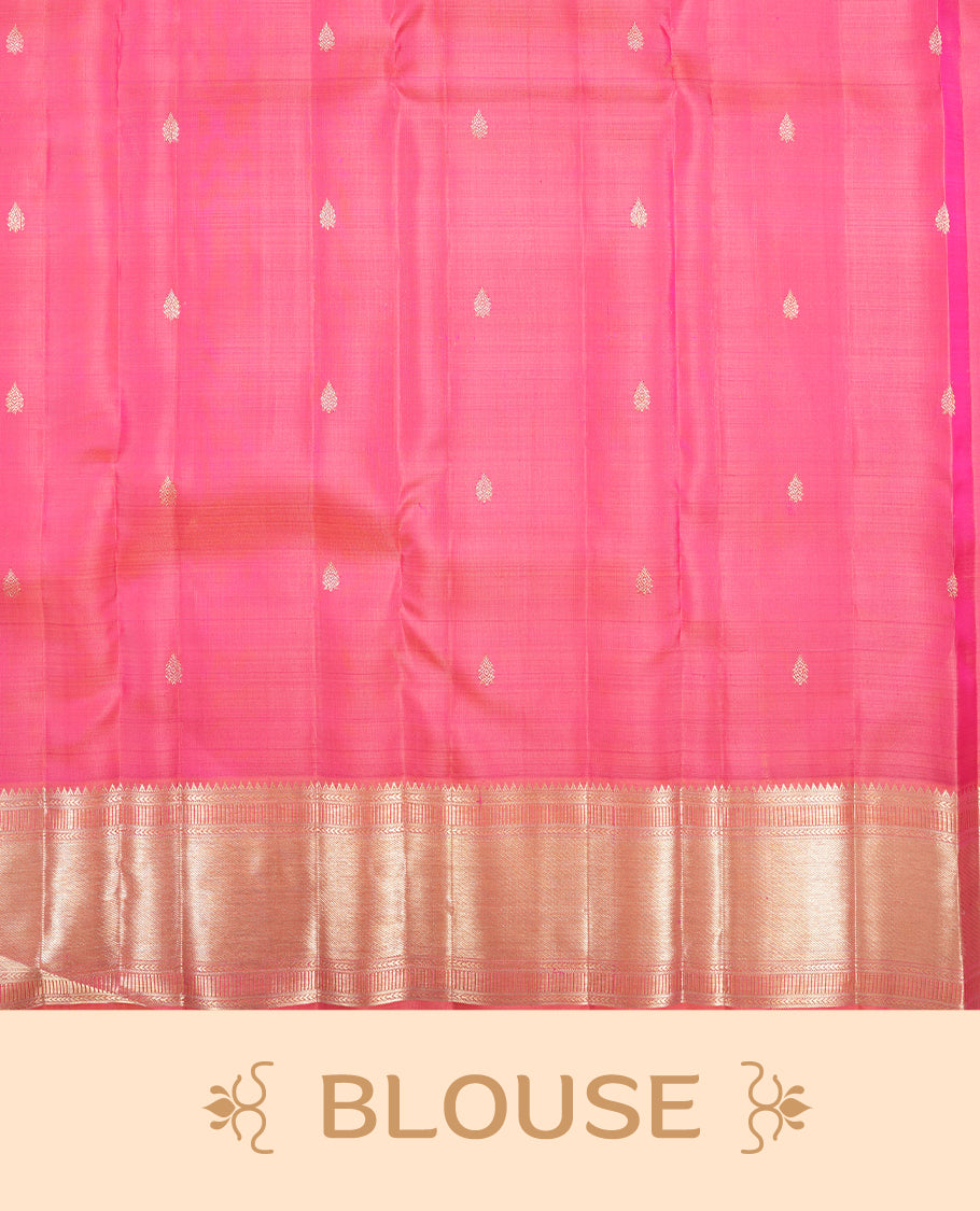 Pink colour Kanchipuram Samudrika Silk Saree featuring Square pattern weaving with gold zari jacquard and a traditional Kanchipuram zari border, paired with a matching designer jacquard blouse piece