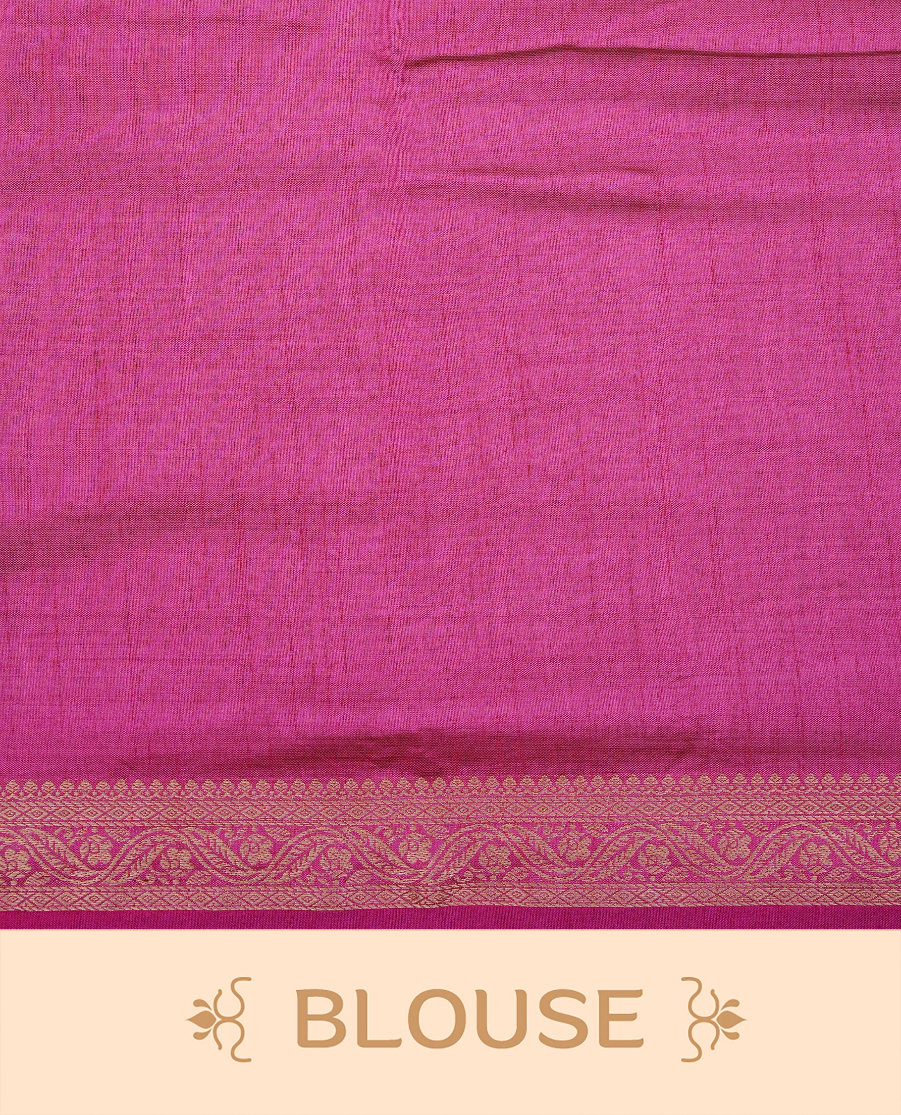 Cream colour Semi Tussar silk saree featuring an elegant plain body, accentuated by a contrast pink border adorned with intricate gold floral kodi zari work, paired with a matching blouse piece.