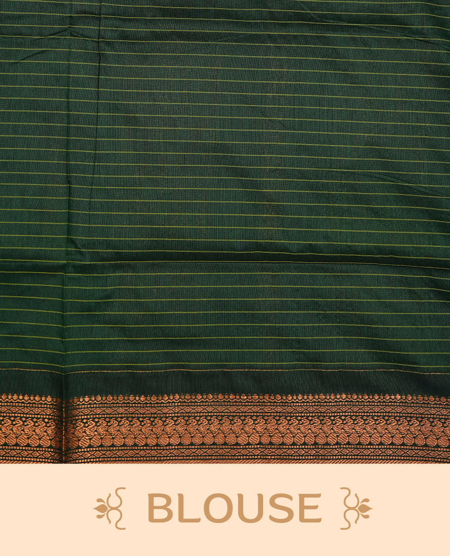 Maroon colour Kalyani cotton saree featuring Gold zari check pattern on body, complemented by Contrast Green colour with grand gold zari border & pallu, matching blouse piece
