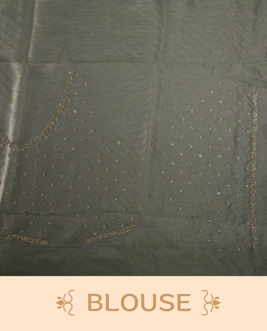 Gray and pink double shade Colour net shimmer fancy saree adorned with scattered white stone buttas all over the body, paired with a delicate stone worked border and matching blouse