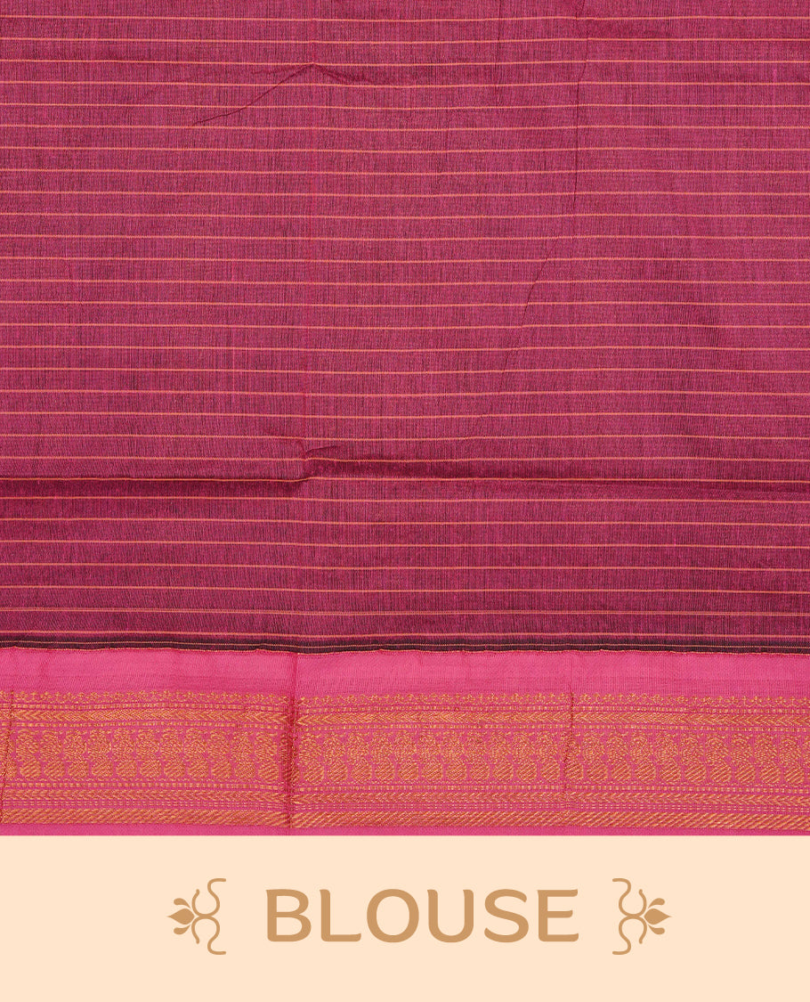 Black colour Kalyani cotton saree featuring Gold zari check pattern on body, complemented by Contrast Purple colour with grand gold zari border & pallu, matching blouse piece