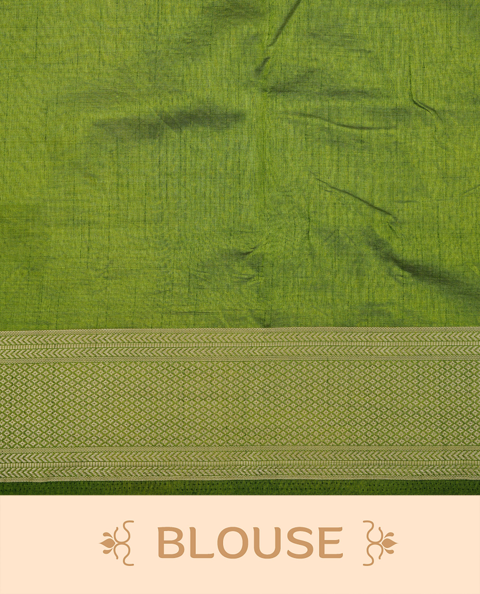 Cream colour Semi Tussar silk saree featuring an elegant plain body, accentuated by a contrast olive border adorned with intricate gold zari work, paired with a matching blouse piece.