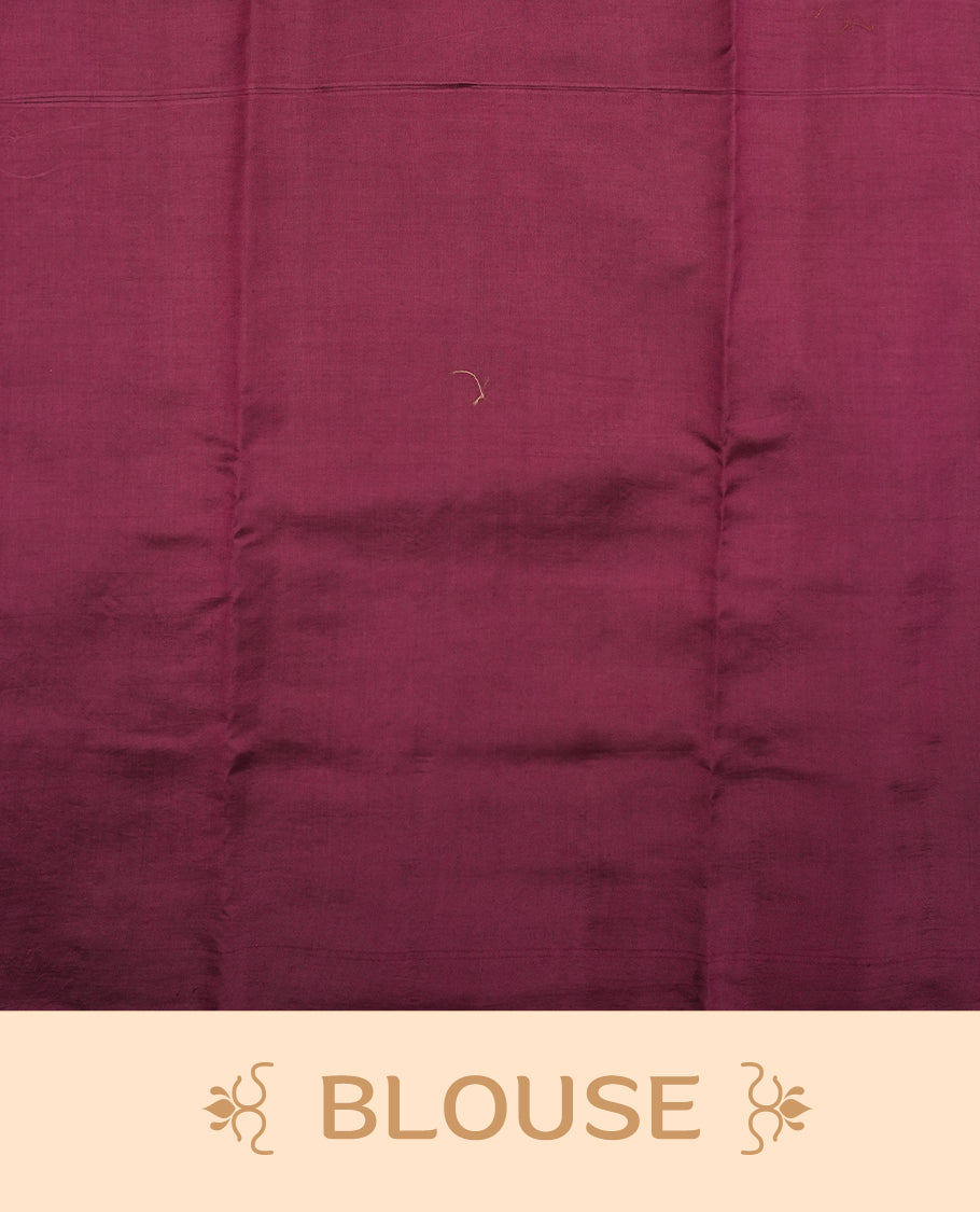 Pink peach Banaras soft silk saree with gold zari motifs on body, with contrast deep red colour floral pattern on pallu, border, and Matching blouse.