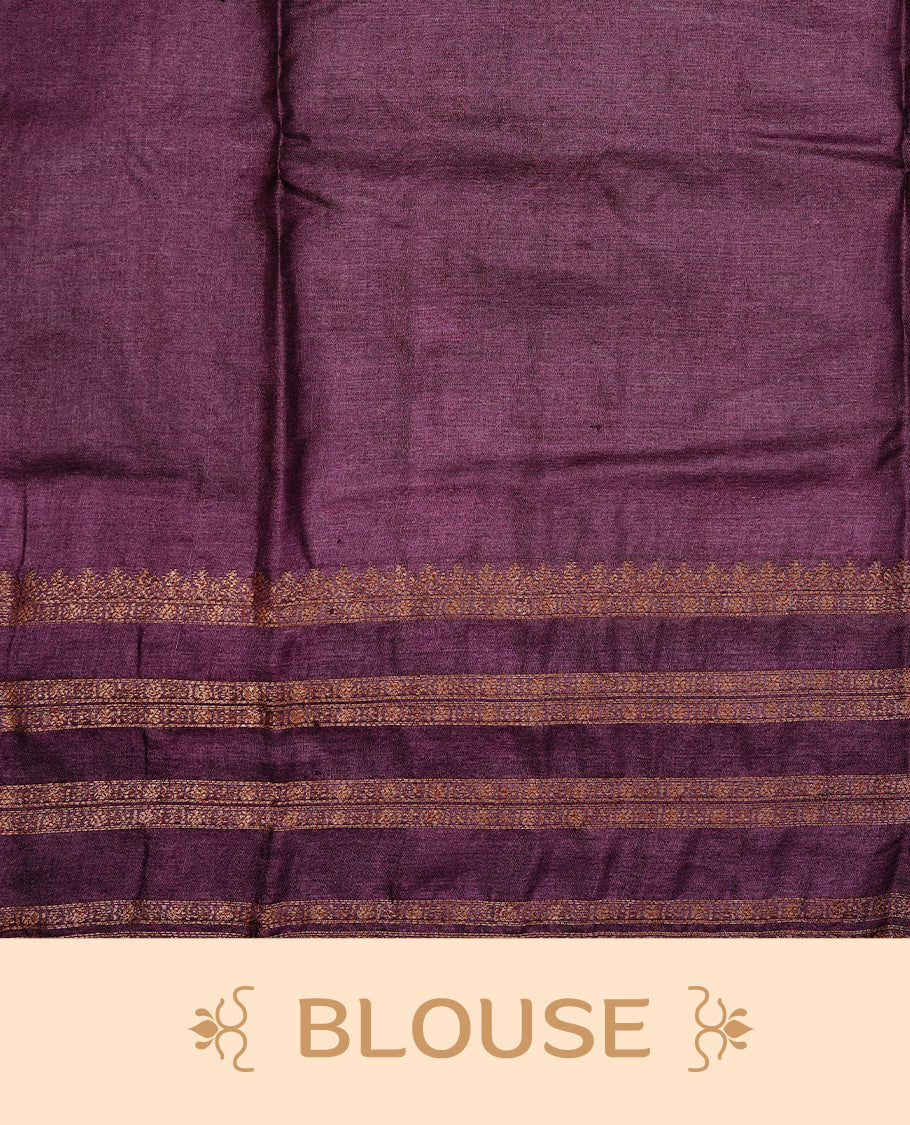 Golden Cream Colour Banaras tussar silk saree featuring Antique zari Motifs on body, Complemented by Burgundy colour variant with zari border, paired with matching blouse Piece.