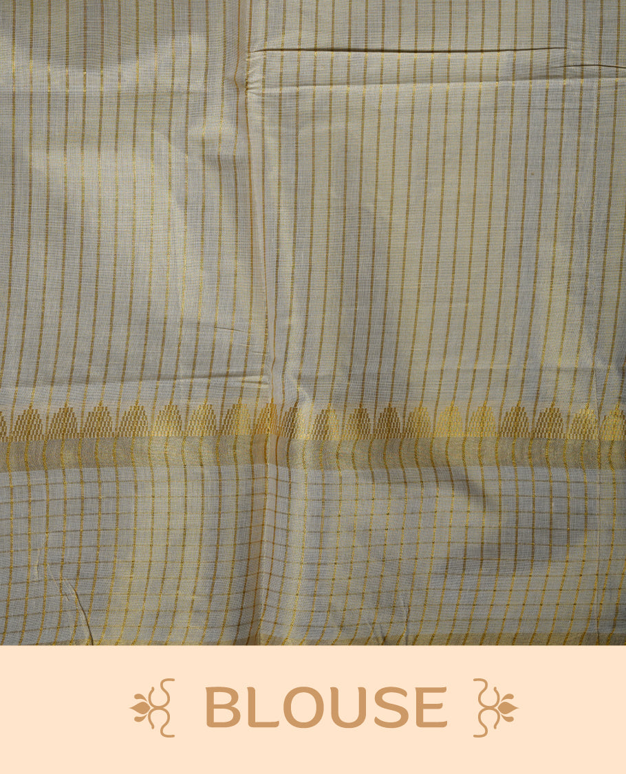Off white colour Tissue Kerala saree featuring a fine striped and checked body, complemented by a classic golden zari border and traditional pallu design, paired with a matching blouse.
