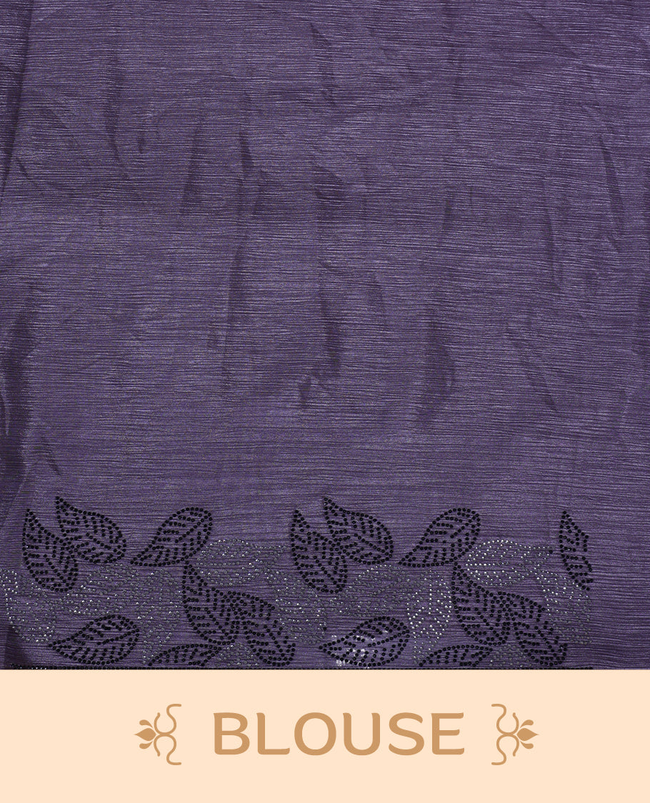 Dusty purple colour chiffon designer saree, featuring black and white scattered stone on body, stone work and heavy stone leaf pattern on border and  pallu, Paired with matching blouse.