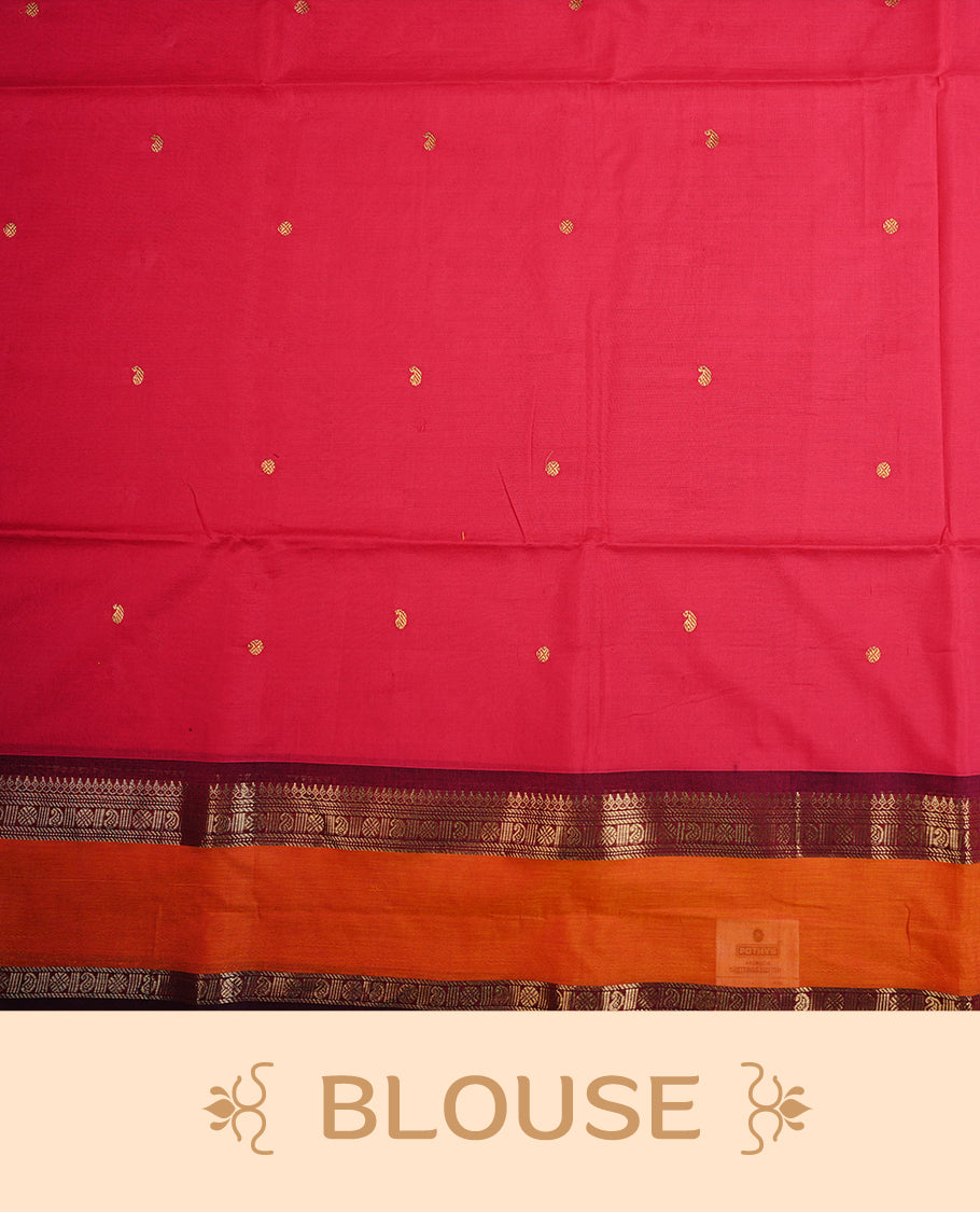 Rani Pink colour chettinad cotton saree featuring  Gold Motifs  on body, complemented by Contrast Rust Orange & Maroon  Colour With Gold Zari border, paired with matching blouse piece.