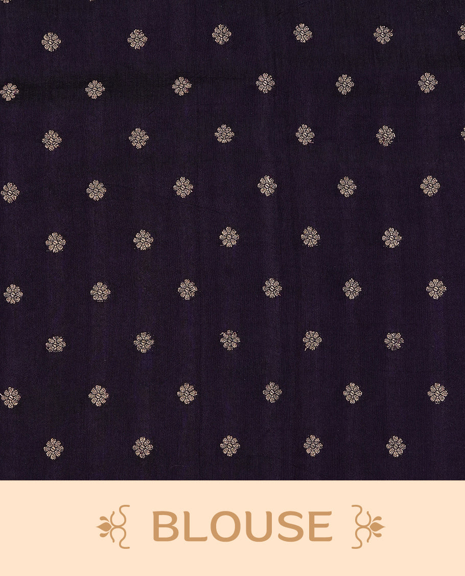Semi Banaras Tussar Saree Featuring Gold Zari Check With Floral Pattern On Body , Burgundy Colour  With Gold Zari Border , Paired With  A Matching Blouse Piece.