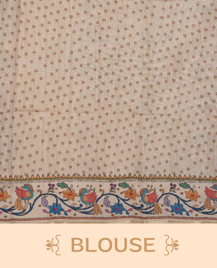 Violet colour semi tusser silk saree featuring gold zari check pattern with floral butti motifs, with contrast floral kodi & bird pattern and paired with matching blouse.