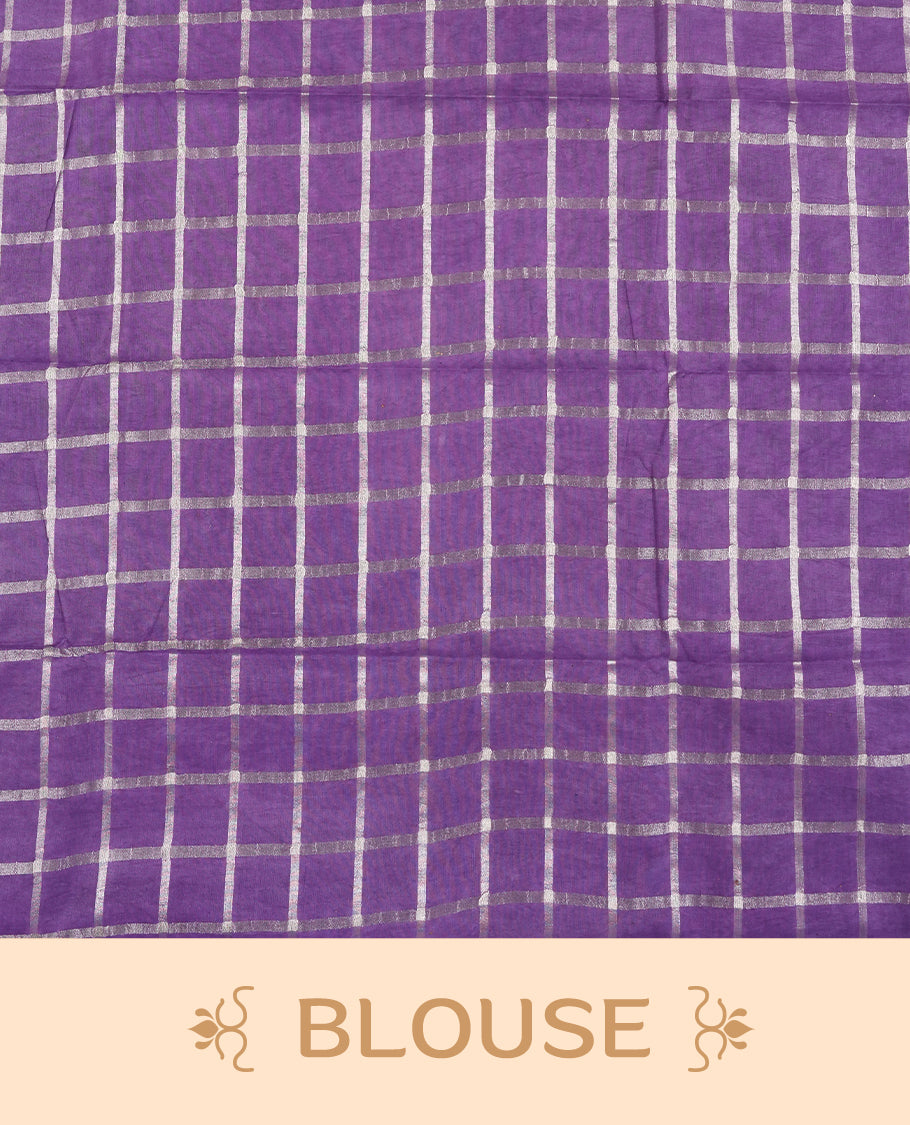 Purple colour Chettinad cotton saree featuring silver checked patterns on the body, accentuated with elegant silver peacock motifs along the border & Comes with a matching blouse piece.