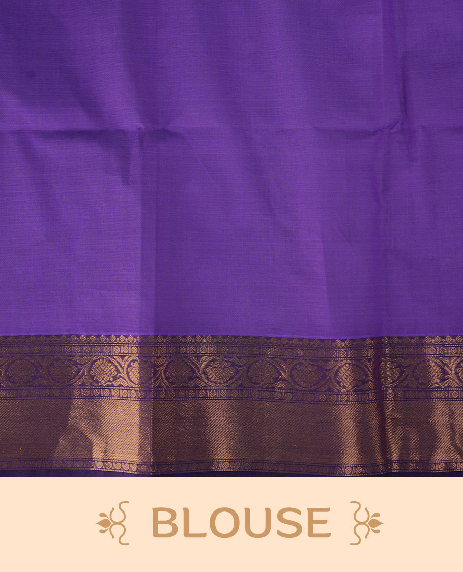Medium Purple colour chettinad cotton saree featuring gold zari stripes on body, complemented by gold zari border, paired with matching blouse piece.