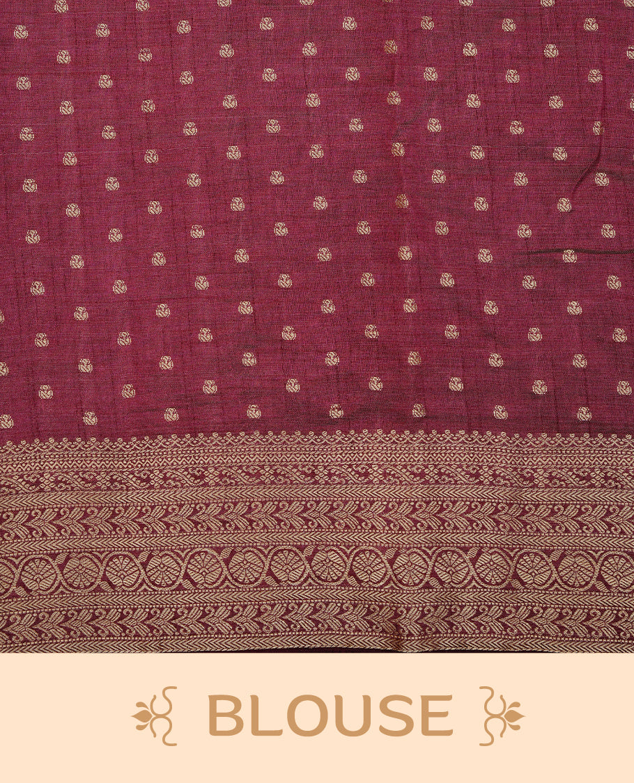 Cream colour Semi Tussar silk saree featuring an Gold zari motifs on body, accentuated by a contrast Maroon border adorned with intricate gold zari work, paired with a matching blouse piece.