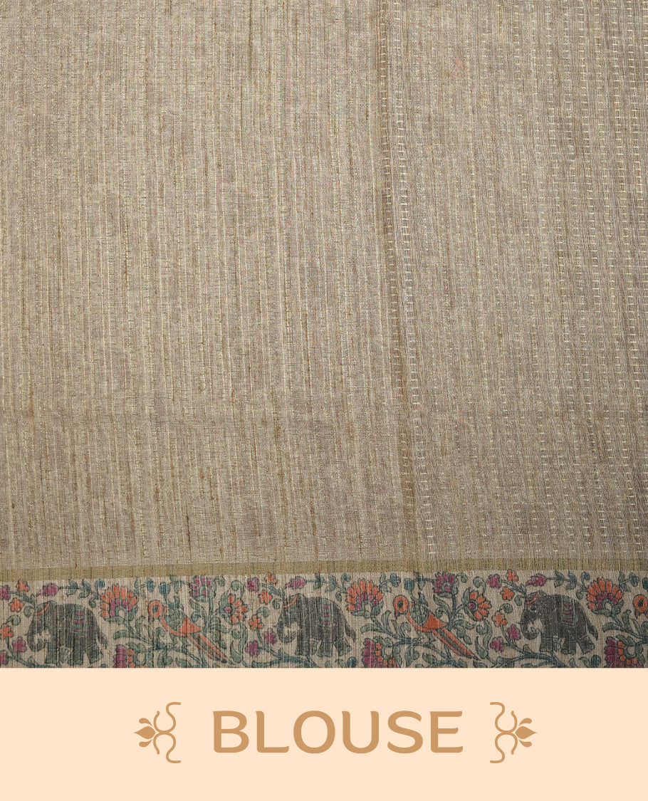 Castleton green colour tussar saree featuring golden zari dot stripped pattern on the body, complemented by a contrast cream colour mutlicolour floral kodi & animal print on border & pallu, paired with a matching blouse.