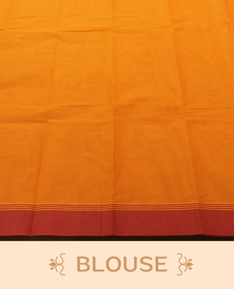 Orange Silk Cotton Saree with Red Orange Buttas Body, Accented by Red Orange Brocade and Wavy Zari Border on Red Pallu, Paired with Matching Blouse Piece