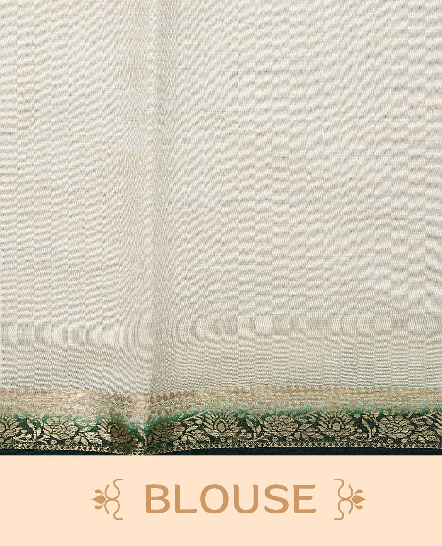 Light gold Colour Tussar saree featuring elegant plain body, complemented by contrast Dark green colour with zari work border, comes with matching blouse piece.