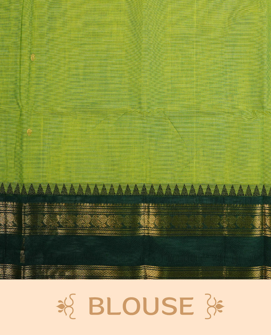 Light Green  colour chettinad cotton saree featuring  Gold Motifs  on body, complemented by Contrast  Forest Green Colour With Gold Zari border, paired with matching blouse piece.