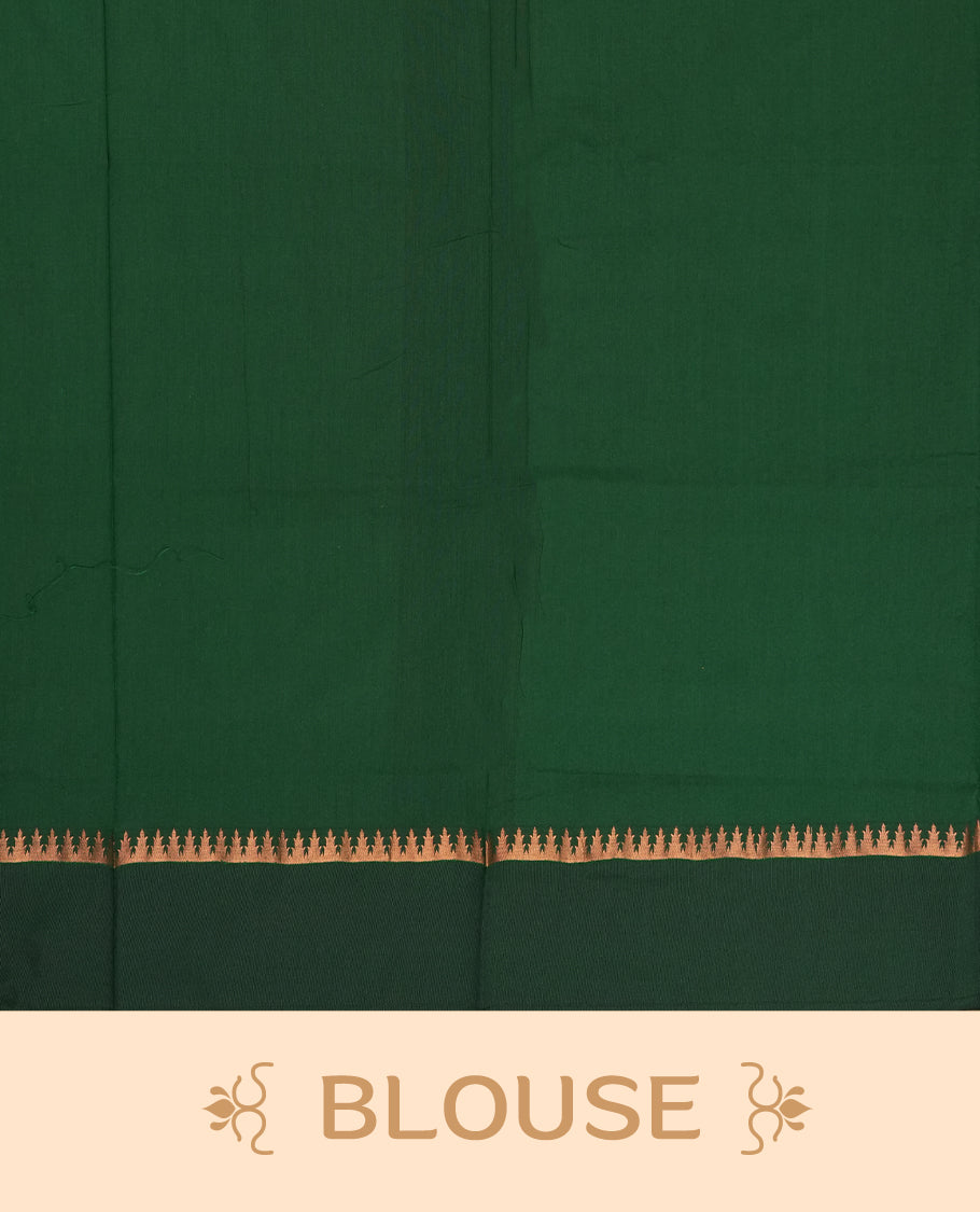 Plum colour Kalyani Cotton saree in forest green pallu,antique gold elephant motifs and temple borders & Comes with a matching blouse piece.
