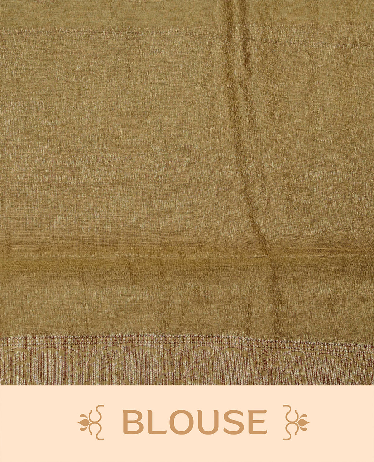 Olive colour Banaras silk saree featuring gold zari buttas on body, complemented by self colour with zari border, comes with matching blouse piece.