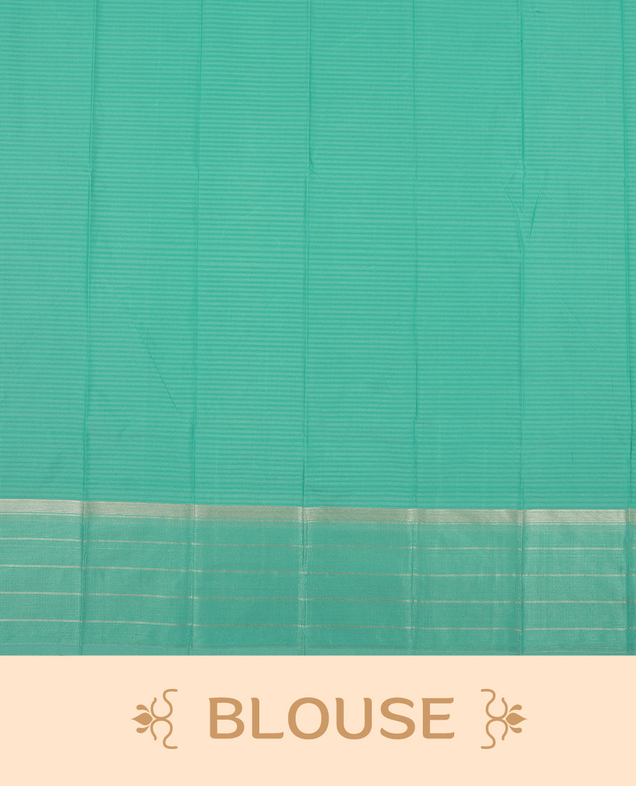 Aqua Green Colour Semi Silk Saree with Silver Checked Body, Self Coloured Silver Zari Pallu & Border, Circular Floral Motifs, and Matching Blouse Piece