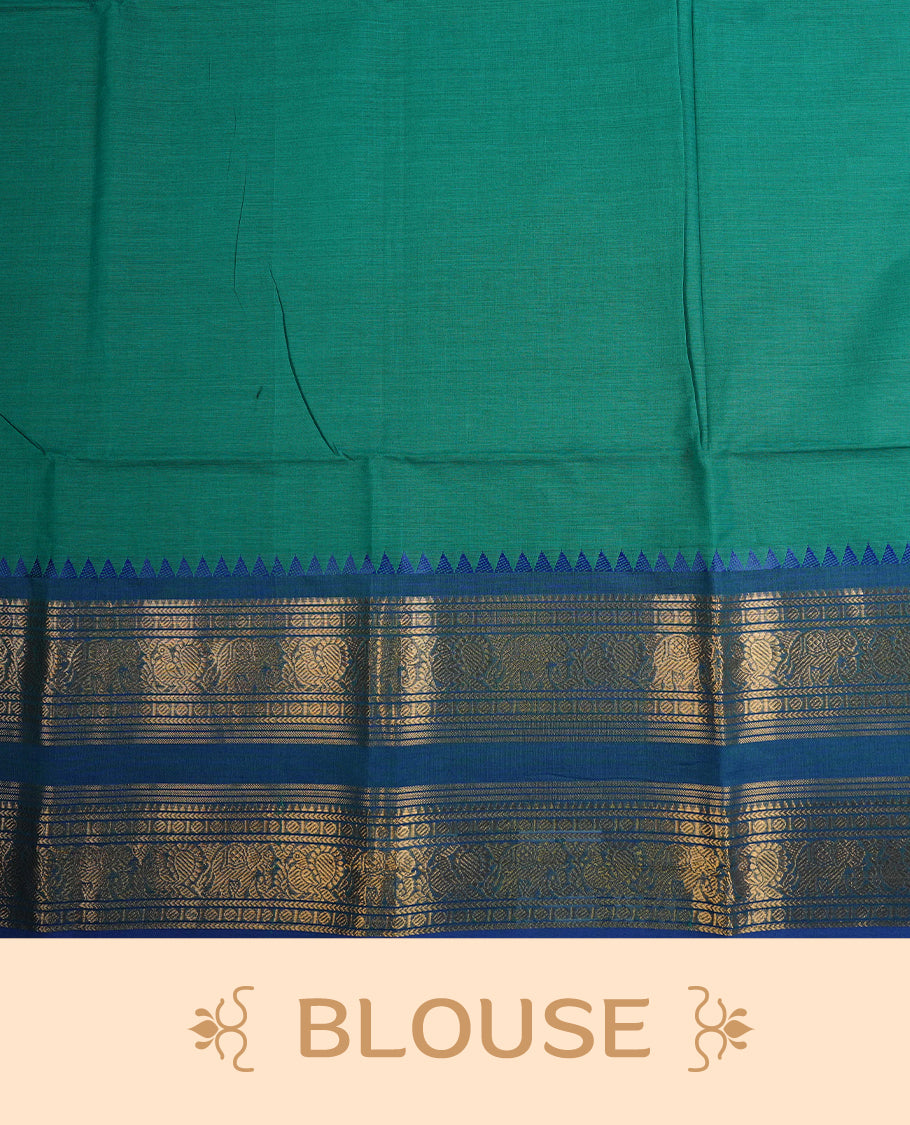 Teal Green colour chettinad cotton saree featuring  Plain body, complemented by Contrast Blue Colour With Traditional Gold Zari border, paired with matching blouse piece.